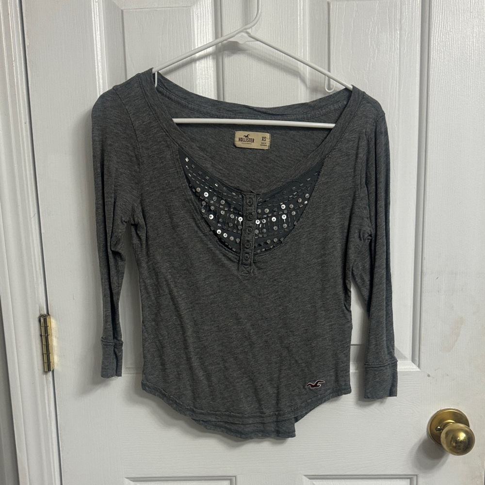 Hollister Dark Gray Long Sleeve Top with Sequin Accents